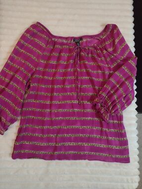 Lauren Ralph Lauren Women XL Purple Tie Die Stripe Tie Neck Boho Peasant Blouse